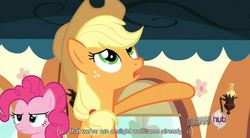 Size: 847x466 | Tagged: safe, screencap, applejack, pinkie pie, earth pony, pony, g4, games ponies play, my little pony: friendship is magic, duo, duo female, female, mare, youtube caption