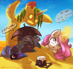 Size: 1000x948 | Tagged: safe, artist:atryl, princess celestia, princess luna, alicorn, pony, :o, beach, cewestia, cute, female, filly, fluffy, glare, magic, open mouth, pink-mane celestia, prone, s1 luna, sand, shadow, sisters, sky, smiling, smirk, this will end in tears, trapped, water, woona