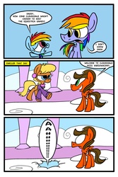 Size: 2362x3543 | Tagged: safe, artist:joeywaggoner, ms. harshwhinny, rainbow blaze, rainbow dash, earth pony, pegasus, pony, g4, games ponies play, cloudsdale, comic, falling through clouds, filly, fridge logic, misspelling, watch that first step it's a lulu