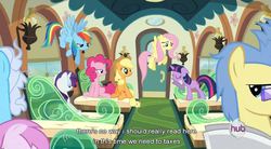 Size: 848x468 | Tagged: safe, screencap, applejack, fluttershy, pinkie pie, rainbow dash, rarity, twilight sparkle, g4, female, mane six, taxes, train, youtube caption