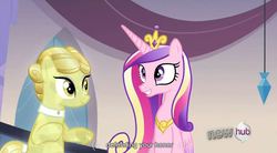 Size: 849x469 | Tagged: safe, screencap, golden glitter, princess cadance, alicorn, crystal pony, pony, g4, games ponies play, female, hub logo, mare, youtube caption