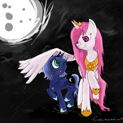 Size: 1000x1000 | Tagged: safe, artist:rinikka, princess celestia, princess luna, g4, covering, filly, moon, pink-mane celestia, rain, spread wings, wing umbrella, younger