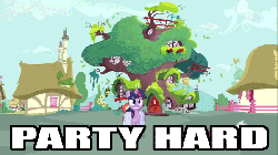 Size: 600x337 | Tagged: safe, edit, edited screencap, screencap, twilight sparkle, g4, games ponies play, animated, bouncing, building, caption, female, golden oaks library, image macro, library, party hard, saddle bag