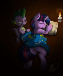 Size: 976x1179 | Tagged: safe, artist:ephemurai, artist:joey darkmeat, spike, twilight sparkle, g4, butt, colored, plot, sleeping