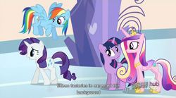 Size: 850x471 | Tagged: safe, screencap, princess cadance, rainbow dash, rarity, twilight sparkle, g4, games ponies play, concave belly, fourth wall, slender, thin, youtube caption