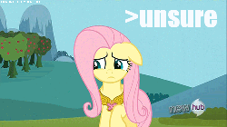 Size: 500x281 | Tagged: safe, edit, edited screencap, screencap, fluttershy, g4, keep calm and flutter on, animated, female, hub logo, unsure