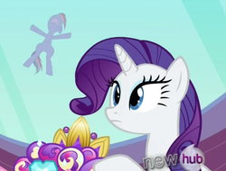 Size: 495x377 | Tagged: safe, screencap, princess cadance, rainbow dash, rarity, g4, games ponies play, face, hub logo