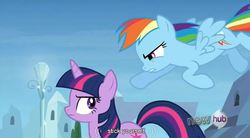 Size: 849x467 | Tagged: safe, screencap, rainbow dash, twilight sparkle, g4, games ponies play, youtube caption