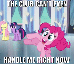 Size: 450x390 | Tagged: safe, edit, edited screencap, screencap, fluttershy, pinkie pie, twilight sparkle, earth pony, pegasus, pony, unicorn, g4, games ponies play, season 3, animated, boingy, caption, cropped, crystal castle, dancing, female, flo rida, gif, image macro, impact font, meme, text, the club can't even handle me right now, unicorn twilight