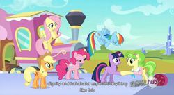 Size: 850x466 | Tagged: safe, screencap, applejack, chickadee, fluttershy, ms. peachbottom, pinkie pie, rainbow dash, twilight sparkle, g4, games ponies play, friendship express, hub logo, youtube caption