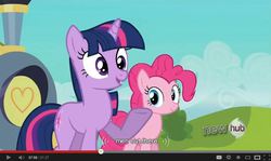 Size: 851x507 | Tagged: safe, screencap, pinkie pie, twilight sparkle, g4, games ponies play, fourth wall, youtube, youtube caption