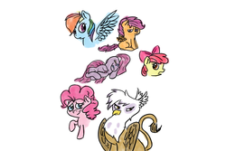 Size: 1080x720 | Tagged: safe, apple bloom, gilda, pinkie pie, rainbow dash, scootaloo, griffon, g4, pinkamena diane pie