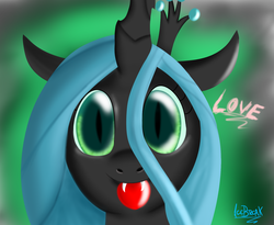 Size: 1650x1350 | Tagged: dead source, safe, artist:icebreak23, queen chrysalis, changeling, changeling queen, g4, female, grin, hair over one eye, looking at you, love, signature, simple background, smiling, solo, text, tongue out, wide eyes