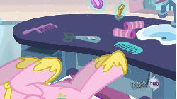 Size: 576x324 | Tagged: safe, screencap, princess cadance, pony, g4, games ponies play, season 3, animated, animated screencap, belly, comb, concave belly, drill, female, gem, hair curlers, hoof shoes, hub logo, lying down, male, on back, peytral, princess shoes, scissors, sink, slender, solo, thin