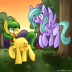 Size: 700x700 | Tagged: safe, artist:littlepinkalpaca, apple fritter, flitter, earth pony, pegasus, pony, g4, apple family member, cottagecore, duo, duo female, female, grass, mare, open mouth, open smile, smiling, sunset, tree
