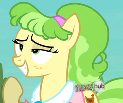 Size: 1028x865 | Tagged: safe, screencap, chickadee, ms. peachbottom, pony, g4, games ponies play, derp, female, grin, lidded eyes, solo