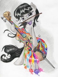 Size: 3096x4128 | Tagged: safe, artist:raindeimos, octavia melody, earth pony, pony, g4, cello, female, looking at you, mare, mouth hold, musical instrument, pencil drawing, solo, traditional art