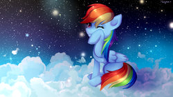 Size: 1280x720 | Tagged: safe, artist:twigileia, rainbow dash, pegasus, pony, g4, cloud, crying, female, on a cloud, solo, space, starry night, tears of joy