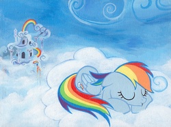 Size: 750x557 | Tagged: safe, artist:thepingaslord, rainbow dash, pony, g4, cloud, cloudy, female, sleeping, solo, traditional art