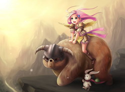 Size: 1380x1020 | Tagged: safe, artist:ninjaham, angel bunny, fluttershy, bear, human, rabbit, g4, animal, armor, bindle, boots, butterfly hairpin, cape, clothes, cute, dovahbear, dovahkiin, dovahshy, hair accessory, humanized, iron helmet, mountain, mountain range, open mouth, riding, riding a bear, shoes, shyabetes, skyrim, spread wings, the elder scrolls, walking, windswept hair, winged humanization, wings
