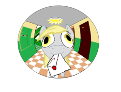 Size: 3440x2632 | Tagged: safe, artist:wesmir, derpy hooves, pegasus, pony, g4, female, fisheye lens, hallway, letter, mail, mare, mouth hold, solo