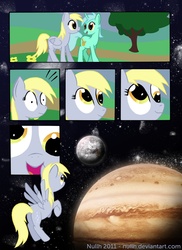 Size: 1000x1374 | Tagged: dead source, safe, artist:nullh, derpy hooves, pegasus, pony, unicorn, g4, comic, duo, female, mare, non sequitur, planet, space