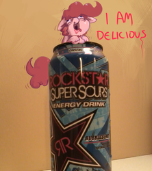 Size: 960x1080 | Tagged: safe, artist:telemiscommunications, pinkie pie, earth pony, pony, g4, bubble berry, bubbleberry answers, energy drink, photo, rule 63, solo, tiny, tiny ponies