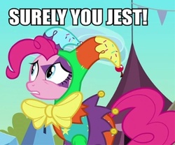 Size: 446x371 | Tagged: safe, edit, edited screencap, screencap, pinkie pie, earth pony, pony, g4, the crystal empire, airplane!, clothes, cropped, female, image macro, jester, jester pie, reaction image, solo
