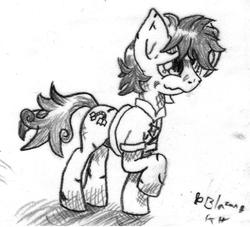 Size: 769x697 | Tagged: safe, artist:blazang, oc, oc only, oc:murky, pegasus, pony, fallout equestria, fallout equestria: murky number seven, black and white, cutie mark, grayscale, hooves, male, monochrome, solo, stallion, traditional art