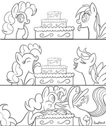 Size: 1024x1216 | Tagged: safe, artist:php187, pinkie pie, rainbow dash, earth pony, pegasus, pony, comic:the rainbow pie cake, g4, cake, comic, eaten alive, endosoma, exclamation point, female, head first, long tongue, mare, monochrome, non-fatal vore, pinkie pred, preydash, soft vore, surprised, tongue out, vore