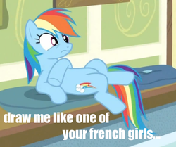 Size: 422x352 | Tagged: safe, edit, edited screencap, screencap, rainbow dash, pony, g4, read it and weep, cropped, draw me like one of your french girls, female, image macro, pose, solo, titanic