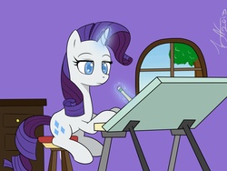 Size: 4000x3000 | Tagged: safe, artist:icy-spy, rarity, pony, unicorn, g4, drawer, easel, female, glowing, glowing horn, high res, horn, magic, mare, pencil, stool, tree, window