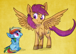 Size: 822x589 | Tagged: safe, artist:comickit, rainbow dash, scootaloo, g4, hooves, older, role reversal, unshorn fetlocks, younger