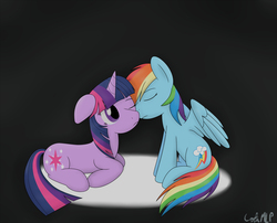 Size: 2000x1615 | Tagged: dead source, safe, artist:colinmlp, rainbow dash, twilight sparkle, g4, crying, female, lesbian, nuzzling, ship:twidash, shipping, simple background