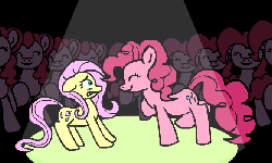 Size: 667x400 | Tagged: safe, artist:thetitan99, fluttershy, pinkie pie, earth pony, pony, g4, animated, cutie mark, eyes closed, female, mare, multeity, parody, scared, smiling, spotlight, synchronized, too much pink energy is dangerous, wingless, worried