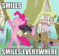 Size: 452x426 | Tagged: safe, edit, edited screencap, screencap, cranky doodle donkey, pinkie pie, donkey, earth pony, pony, a friend in deed, g4, bipedal, cropped, eyes closed, hoof around neck, image macro, ponyville, smiling, x x everywhere