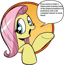 Size: 421x431 | Tagged: safe, idw, fluttershy, friendship is magic #3, g4, my little pony: friendship is magic (idw), bad advice fluttershy, exploitable meme, jurassic park, meme, text