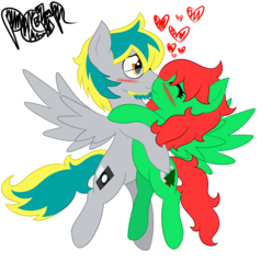 Size: 2200x2222 | Tagged: safe, artist:tria04, oc, oc only, pegasus, pony, blushing, female, heart, kissing, male, shipping, straight