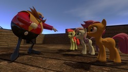 Size: 1366x768 | Tagged: safe, artist:dirtpeanut, apple bloom, scootaloo, sweetie belle, earth pony, human, pegasus, pony, unicorn, g4, antagonist, crossover, cutie mark crusaders, doctor eggman, gmod, male, sonic the hedgehog, sonic the hedgehog (series)