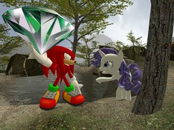 Size: 1024x768 | Tagged: safe, artist:dirtpeanut, rarity, g4, crossover, gmod, knuckles the echidna, male, master emerald, sonic the hedgehog, sonic the hedgehog (series)