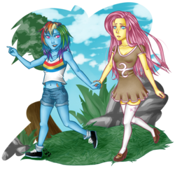 Size: 894x894 | Tagged: safe, artist:pandabeans, fluttershy, rainbow dash, human, g4, humanized, pony coloring