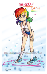 Size: 800x1247 | Tagged: dead source, safe, artist:stalking-pantsu, rainbow dash, human, g4, clothes, converse, female, gym shorts, humanized, medallion, shorts, solo, tank top, winged shoes