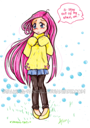 Size: 700x991 | Tagged: dead source, safe, artist:stalking-pantsu, fluttershy, human, g4, clothes, dialogue, female, humanized, pants, pony.mov, skirt, solo, sweater, sweatershy, traditional art