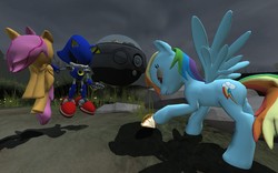 Size: 1280x800 | Tagged: safe, artist:dirtpeanut, rainbow dash, scootaloo, human, pegasus, pony, robot, g4, chaos emerald, crossover, doctor eggman, gmod, hostage, male, metal sonic, sonic the hedgehog, sonic the hedgehog (series)