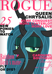 Size: 595x842 | Tagged: safe, queen chrysalis, changeling, changeling queen, g4, bedroom eyes, female, implied rainbow dash, implied rarity, magazine, solo, text, vogue