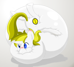 Size: 1734x1580 | Tagged: safe, artist:calbeck, artist:inkwell, oc, oc only, pony, unicorn, blushing, inflation, solo