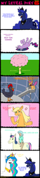 Size: 816x3581 | Tagged: safe, artist:hellarmy, applejack, bon bon, fluttershy, lyra heartstrings, princess celestia, princess luna, scootaloo, sweetie drops, twilight sparkle, alicorn, chicken, earth pony, human, pegasus, pony, unicorn, g4, comic, fluttertree, humanized, lyra riding bon bon, riding, spanish, species swap, translation, tree