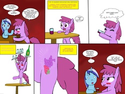 Size: 7223x5441 | Tagged: safe, artist:helsaabi, berry punch, berryshine, minuette, earth pony, pony, unicorn, g4, absurd resolution, bipedal, comic, duo, duo female, female, filly, mare, spanish, standing, standing on one leg, translation