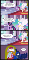 Size: 1280x2627 | Tagged: safe, princess celestia, princess luna, twilight sparkle, g4, spanish, translation