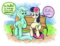Size: 792x612 | Tagged: safe, artist:buckingawesomeart, bon bon, lyra heartstrings, sweetie drops, g4, belly, bench, duo, pregnant, sitting, sitting lyra